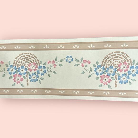 Vintage Wallpaper Border Vinyl Paper Pink Blue Flowers 5 Yds Neutral Cottage - Picture 1 of 3
